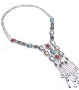 Bohemian necklace silver with coloured stones